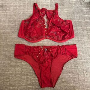 Adore Me Emmaline Red Unlined Lace Halter Studded Bra Lingerie Set 42H 1X